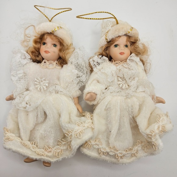 The Unbranded Brand Other - Vintage Angel Doll Ornaments Pair Lace Dresses Porcelain Faces Christmas